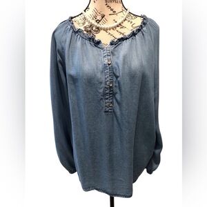 J Jill Denim Women's Large Blue Blouse ruffled neck popover Tencel L/S